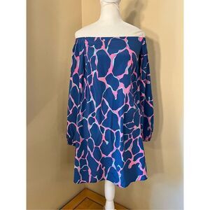 Lilly Pulitzer Blue Off Shoulder Silk Adira Dress in Tiki Pink Broken Shaker XXS